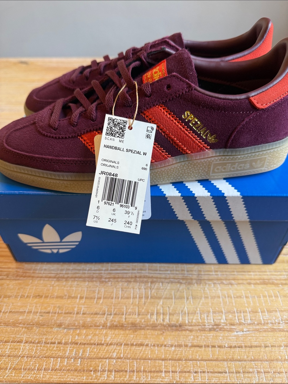 adidas Women’s Handball Spezial Burgundy Suede Sneakers with Orange Stripes - Picture 2 of 7